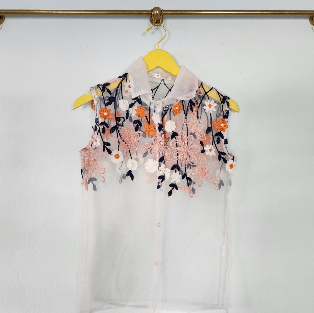 Sheer Organza Floral Embroidered Top